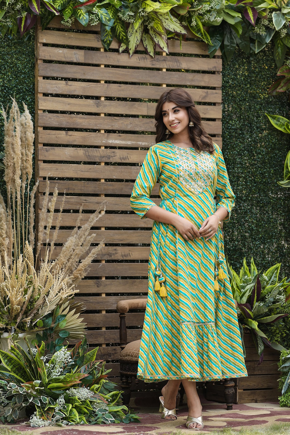 Juniper Women's Cotton Cambric Green Printed Flared Festive Long Dress - Distacart