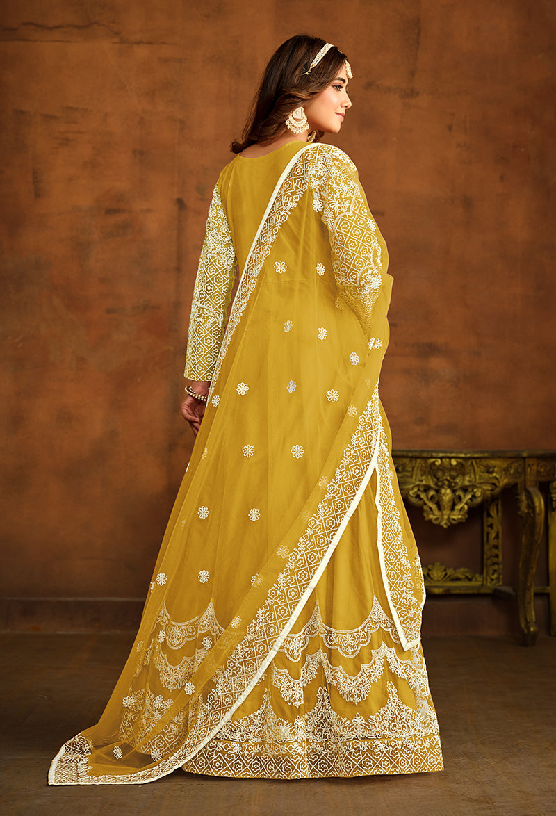 Monjolika Fashion Yellow Net Ceremonial Floor Length Salwar Kameez - Distacart