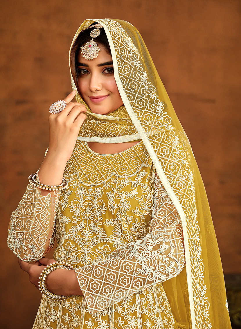 Monjolika Fashion Yellow Net Ceremonial Floor Length Salwar Kameez - Distacart