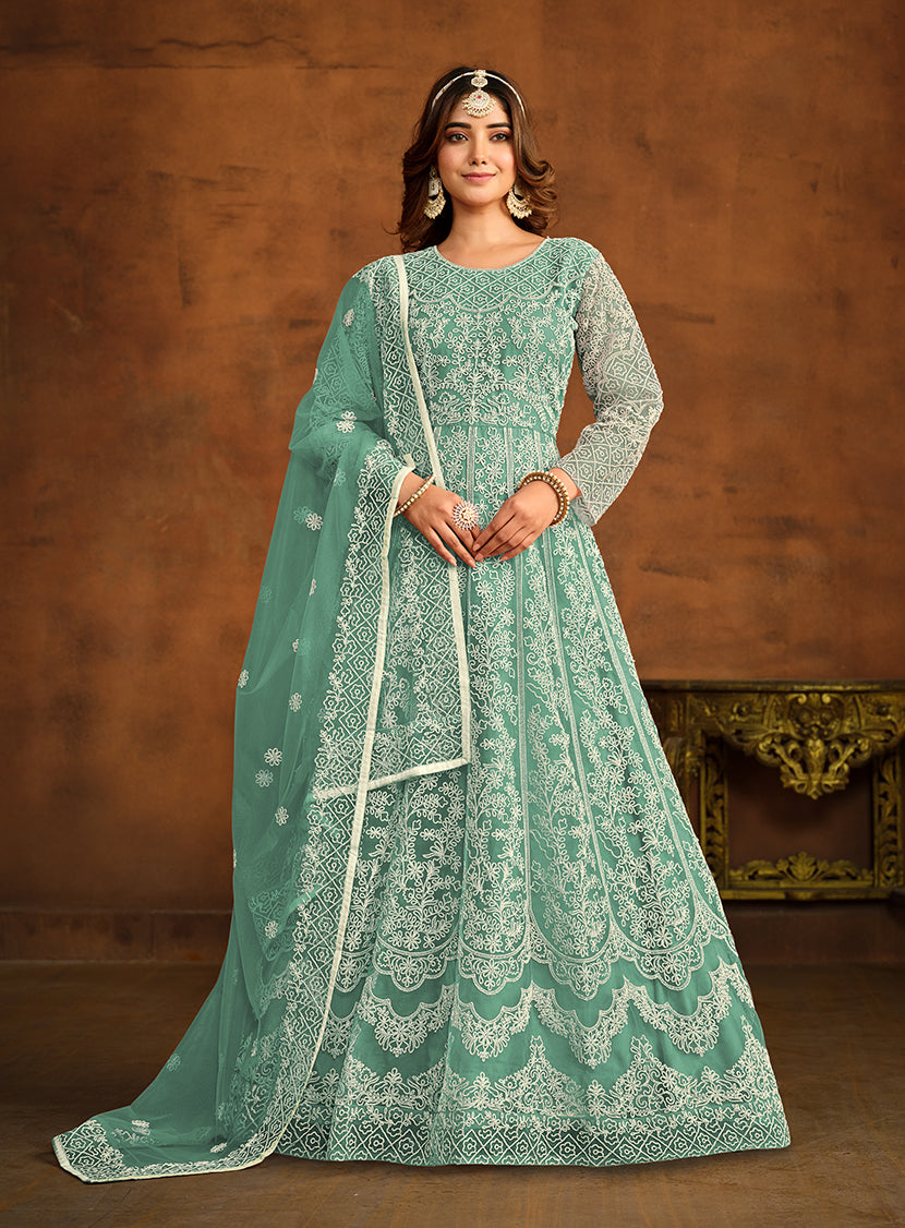 Monjolika Fashion Sky Blue Net Ceremonial Floor Length Salwar Kameez - Distacart