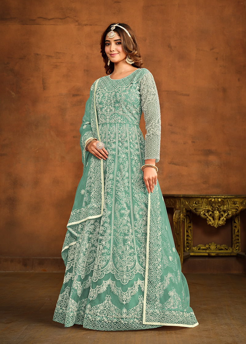 Monjolika Fashion Sky Blue Net Ceremonial Floor Length Salwar Kameez - Distacart