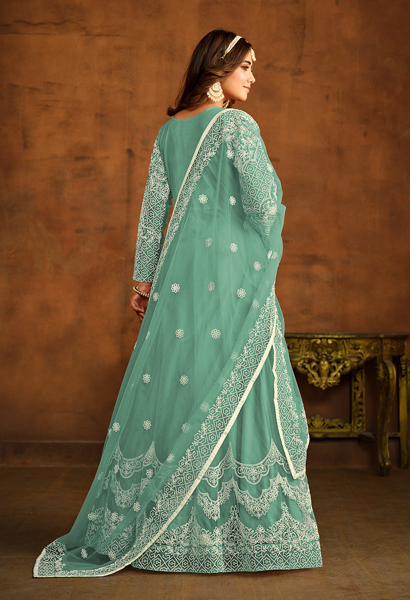 Monjolika Fashion Sky Blue Net Ceremonial Floor Length Salwar Kameez - Distacart