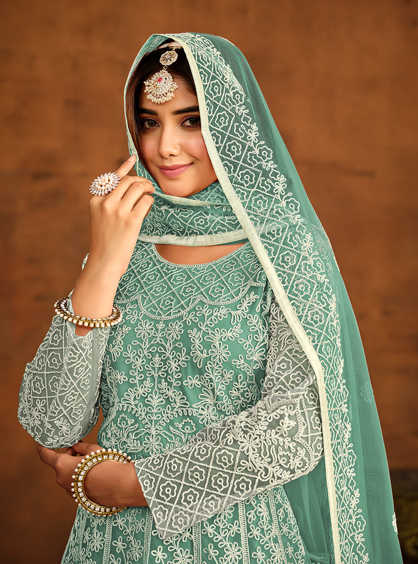 Monjolika Fashion Sky Blue Net Ceremonial Floor Length Salwar Kameez - Distacart