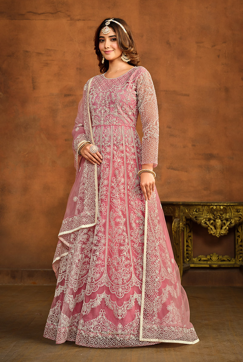 Monjolika Fashion Light Pink Net Ceremonial Floor Length Salwar Kameez - Distacart