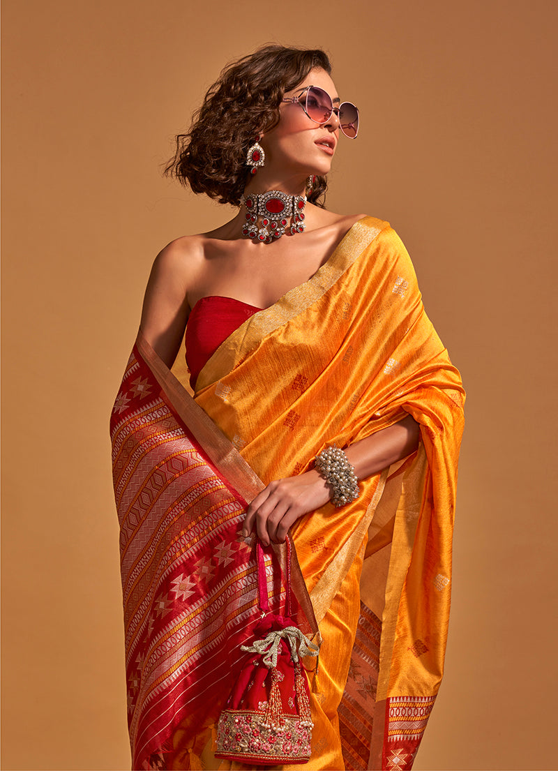 Monjolika Fashion Weaving Handloom Silk Classic Saree In Mustard - Distacart