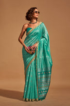 Monjolika Fashion Weaving Handloom Silk Classic Saree In Aqua Blue - Distacart