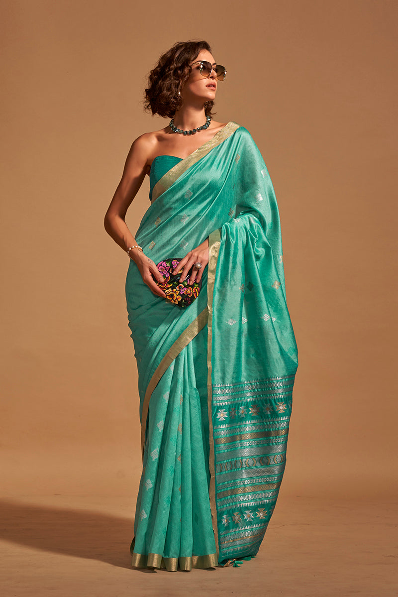 Monjolika Fashion Weaving Handloom Silk Classic Saree In Aqua Blue - Distacart