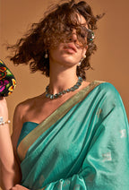 Monjolika Fashion Weaving Handloom Silk Classic Saree In Aqua Blue - Distacart