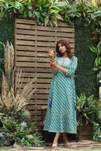 Juniper Women's Cotton Cambric Blue Printed Flared Festive Long Dress - Distacart
