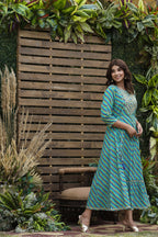Juniper Women's Cotton Cambric Blue Printed Flared Festive Long Dress - Distacart