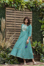 Juniper Women's Cotton Cambric Blue Printed Flared Festive Long Dress - Distacart
