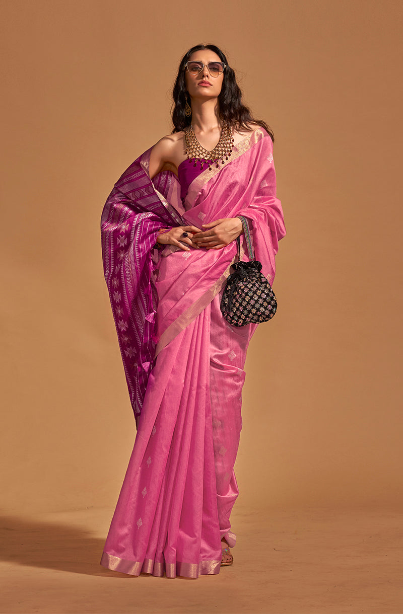 Monjolika Fashion Weaving Handloom Silk Classic Saree In Pink - Distacart