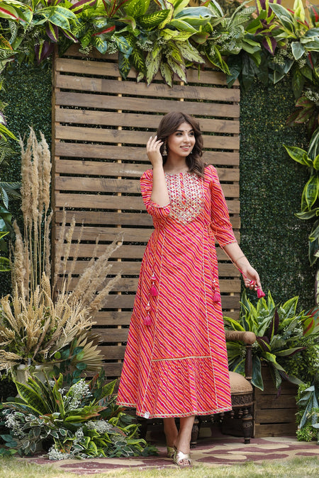 Juniper Women's Cotton Cambric Red Printed Flared Festive Long Dress