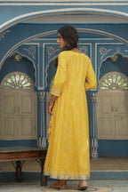 Juniper Women's Cotton Cambric Yellow Printed Embroidered Flared Festive Long Dress - Distacart