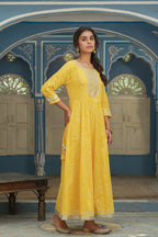 Juniper Women's Cotton Cambric Yellow Printed Embroidered Flared Festive Long Dress - Distacart