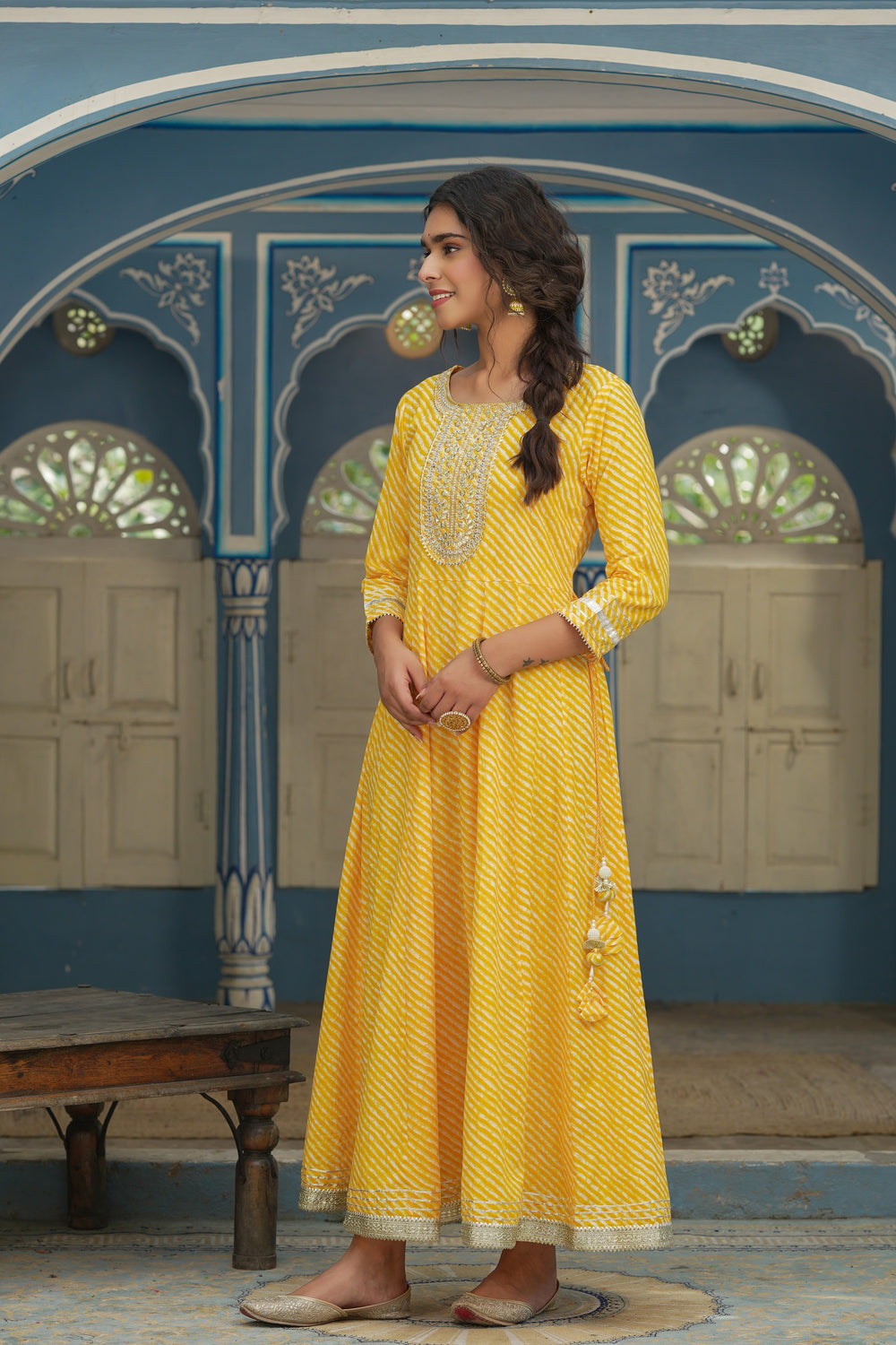 Juniper Women's Cotton Cambric Yellow Printed Embroidered Flared Festive Long Dress - Distacart