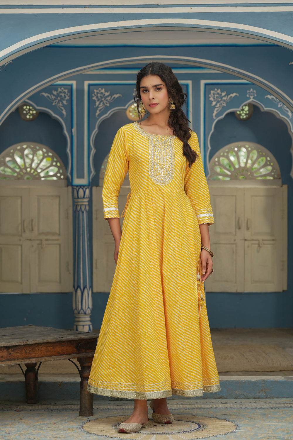 Juniper Women's Cotton Cambric Yellow Printed Embroidered Flared Festive Long Dress - Distacart