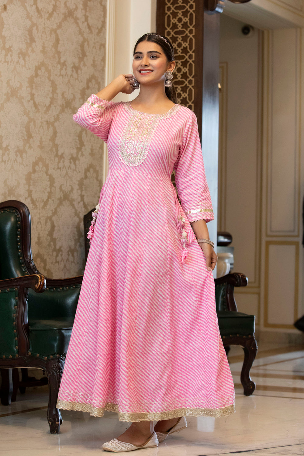 Juniper Women's Cotton Cambric Fuchsia Printed Embroidered Flared Festive Long Dress - Distacart