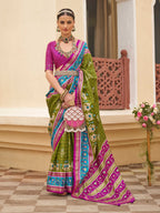 Monjolika Fashion Mehendi Colour Sigma Silk Patola Printed Saree With Blouse - Distacart