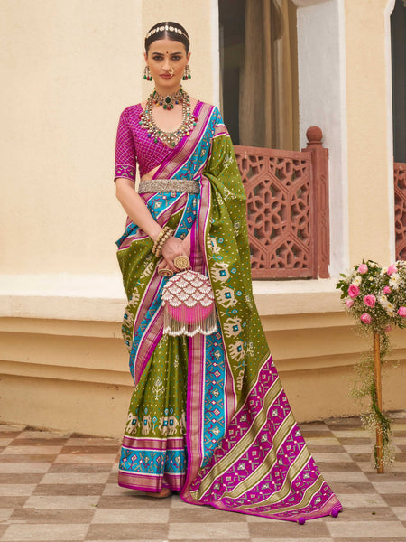 Monjolika Fashion Mehendi Colour Sigma Silk Patola Printed Saree With Blouse