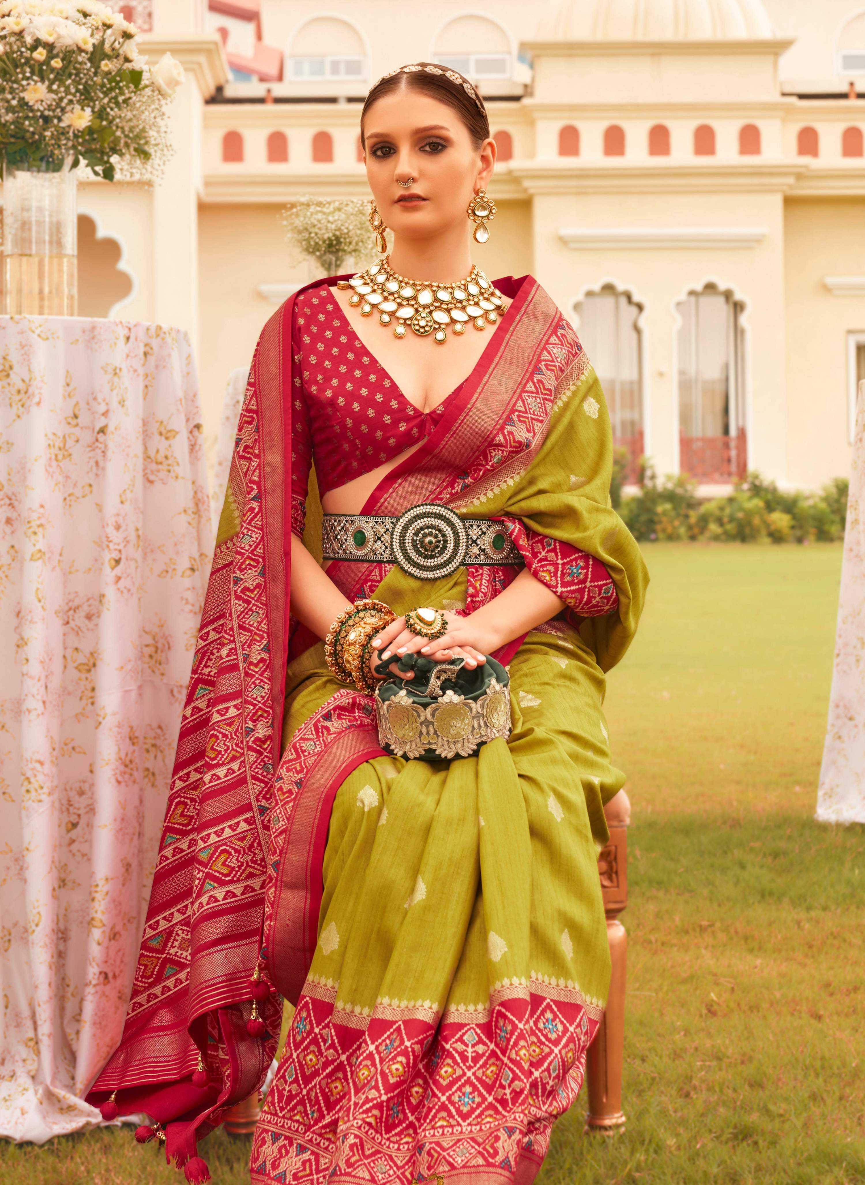 Monjolika Fashion Olive & Maroon Colour Sigma Silk Patola Printed Saree With Blouse - Distacart