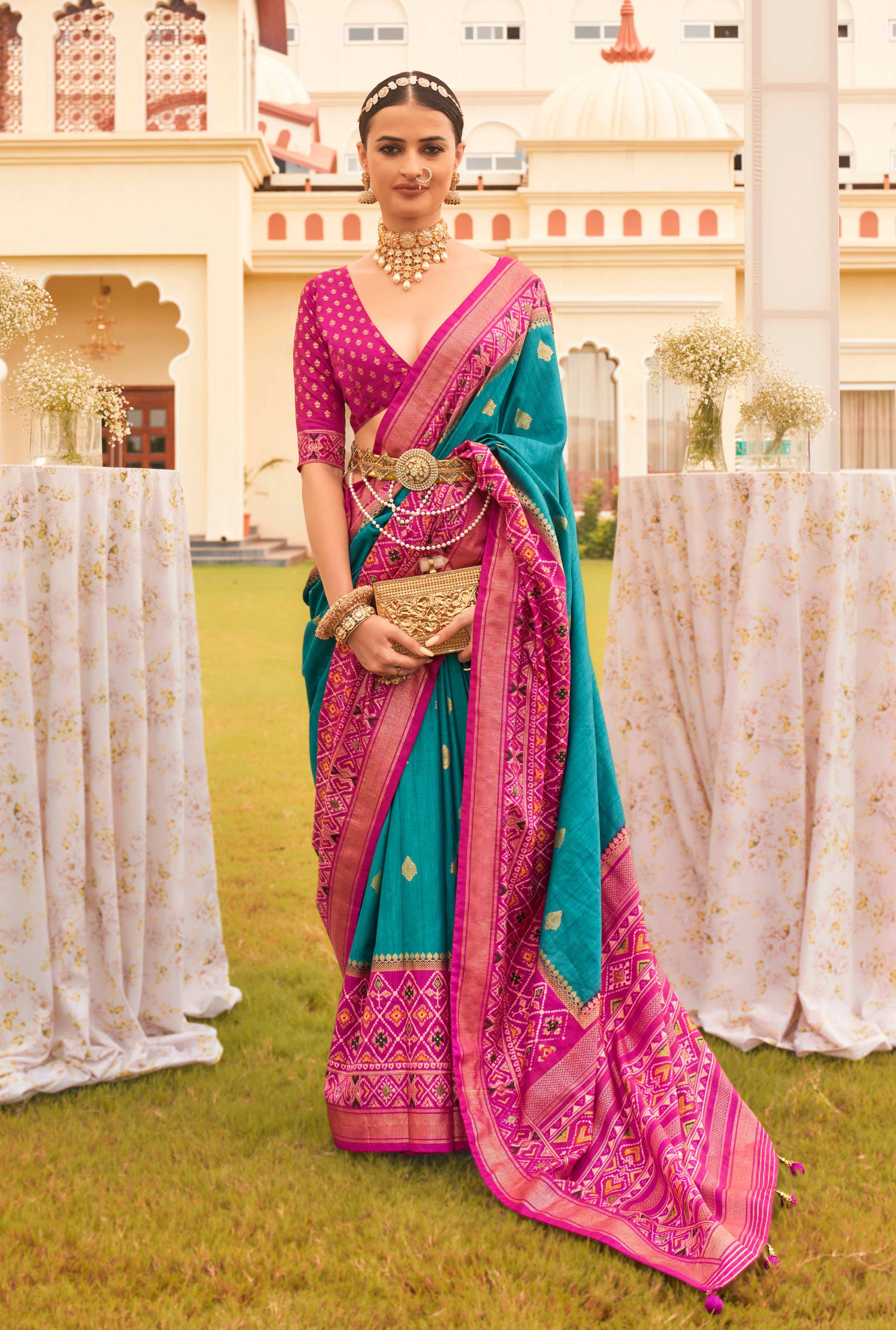 Monjolika Fashion Blue & Rani Colour Sigma Silk Patola Printed Saree With Blouse - Distacart