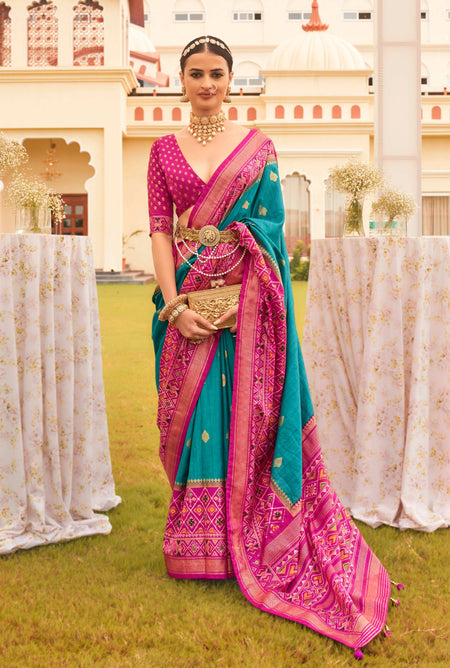 Monjolika Fashion Blue & Rani Colour Sigma Silk Patola Printed Saree With Blouse
