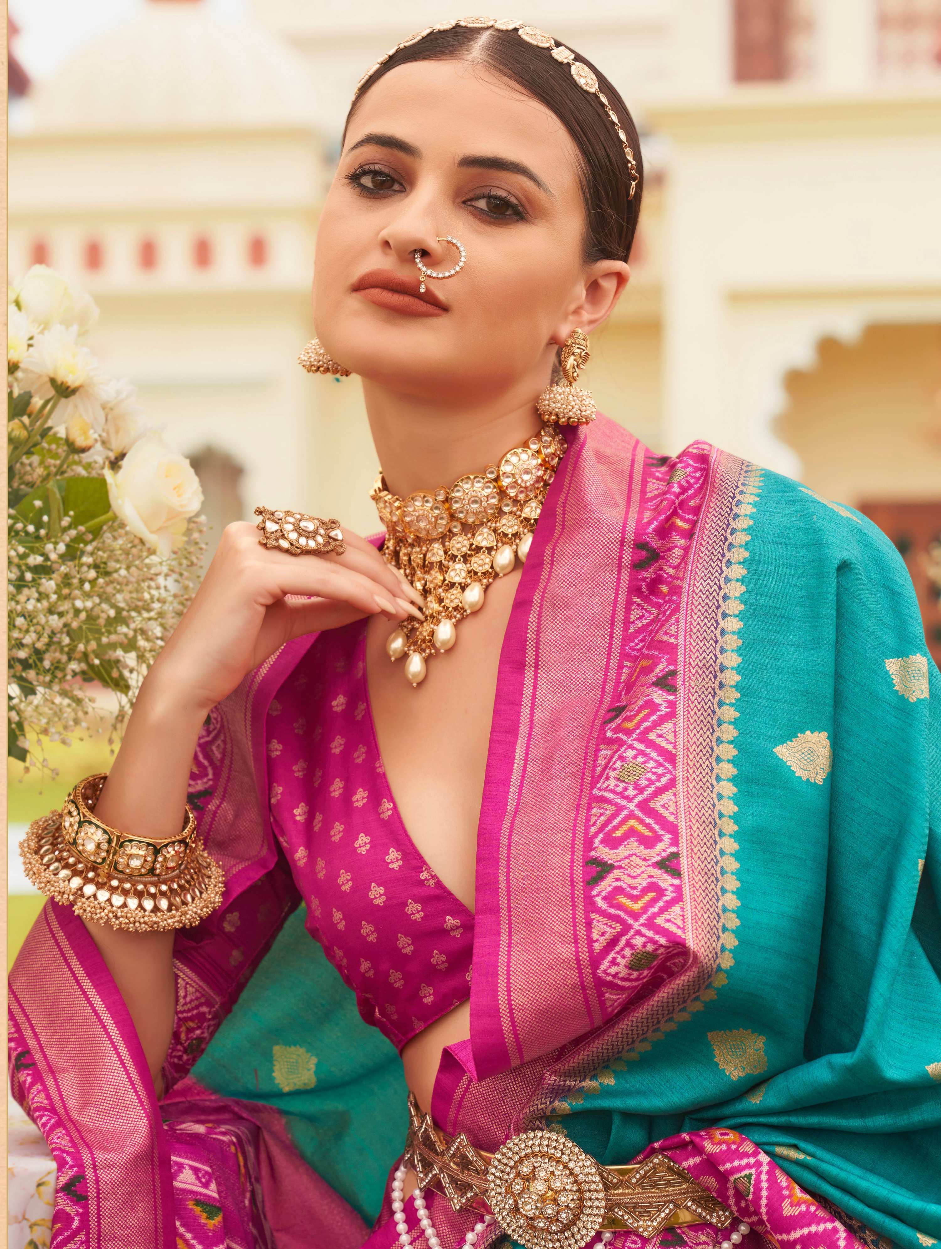 Monjolika Fashion Blue & Rani Colour Sigma Silk Patola Printed Saree With Blouse - Distacart