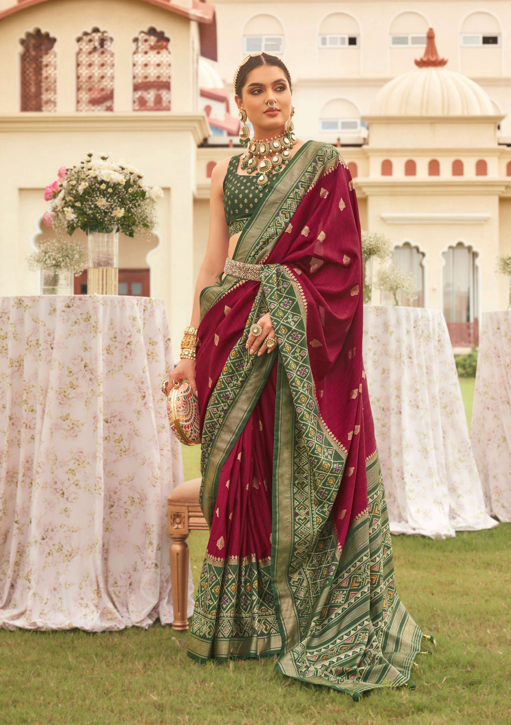 Monjolika Fashion Wine & Mehendi Colour Sigma Silk Patola Printed Saree With Blouse - Distacart