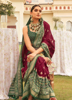 Monjolika Fashion Wine & Mehendi Colour Sigma Silk Patola Printed Saree With Blouse - Distacart