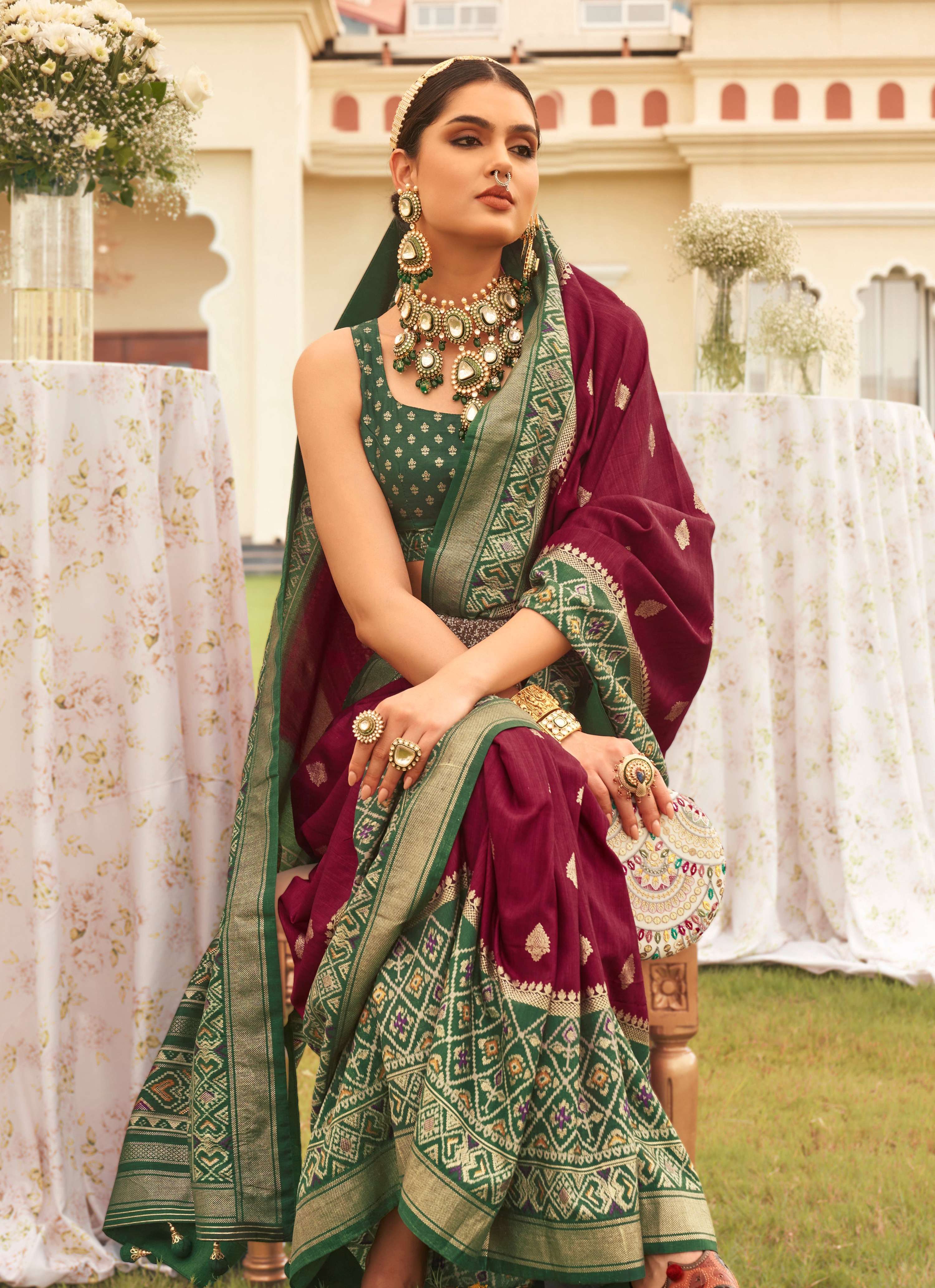Monjolika Fashion Wine & Mehendi Colour Sigma Silk Patola Printed Saree With Blouse - Distacart