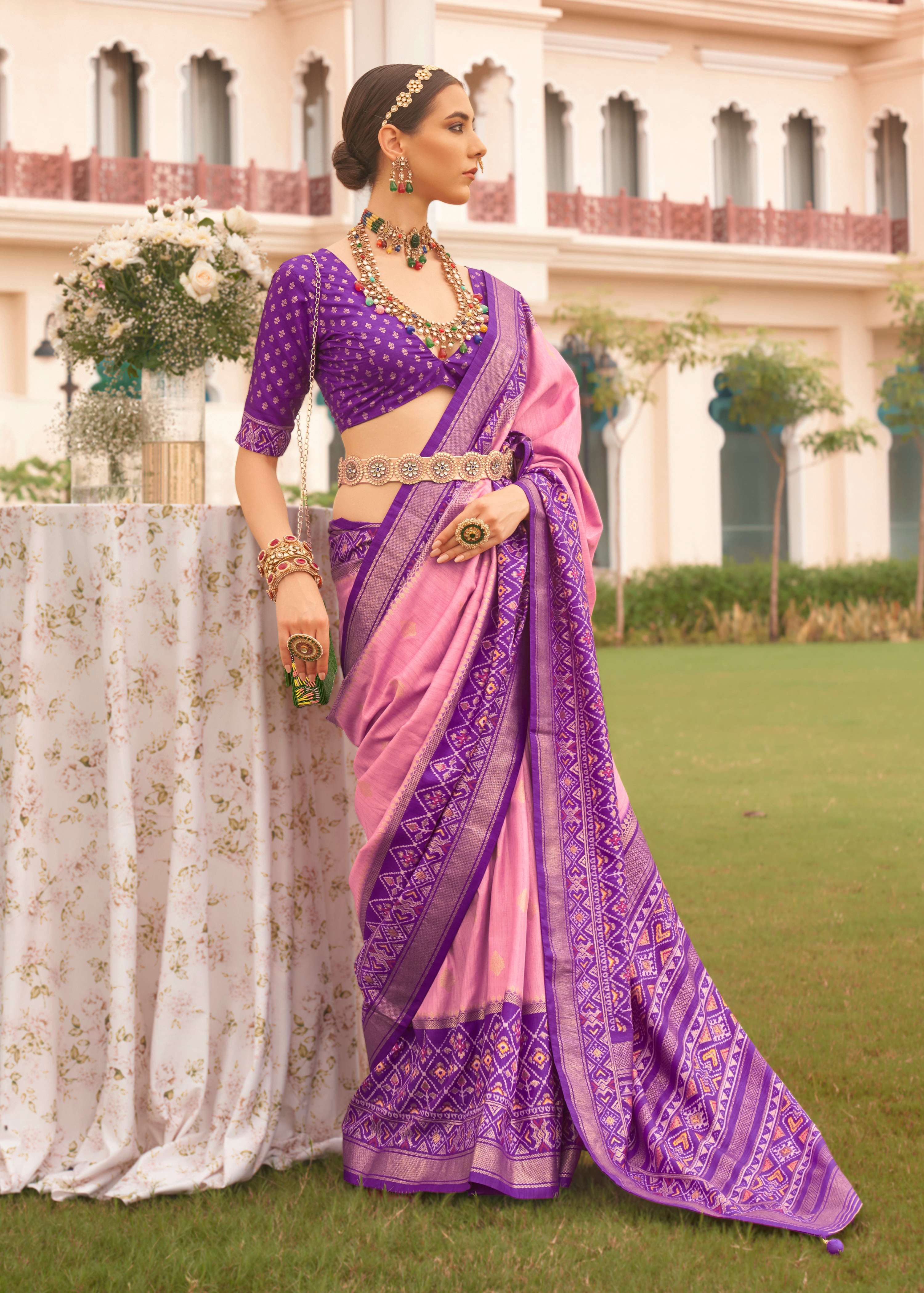 Monjolika Fashion Baby Pink Colour Sigma Silk Patola Printed Saree With Blouse - Distacart
