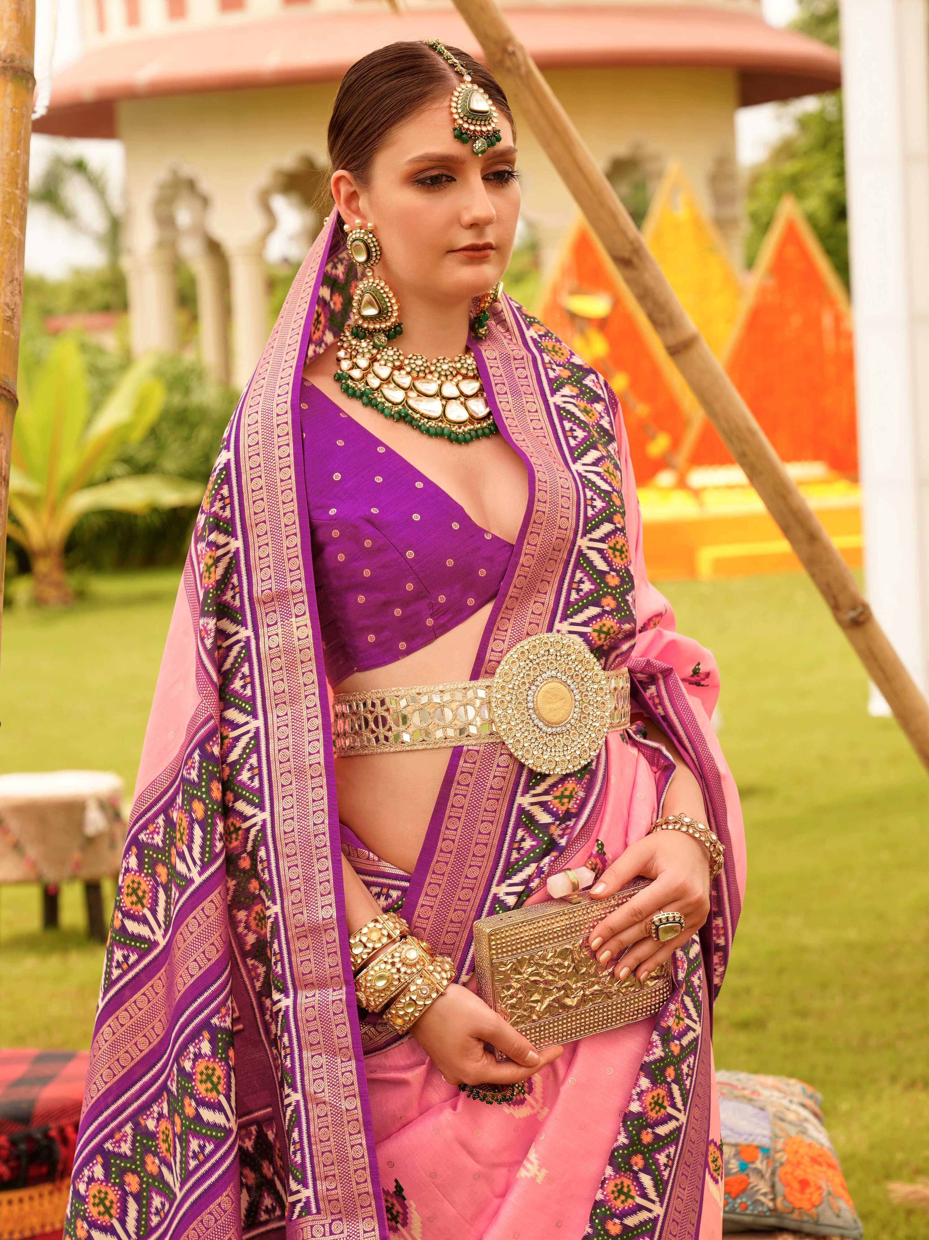 Monjolika Fashion Baby Pink Colour Sigma Silk Patola Printed Saree With Blouse - Distacart