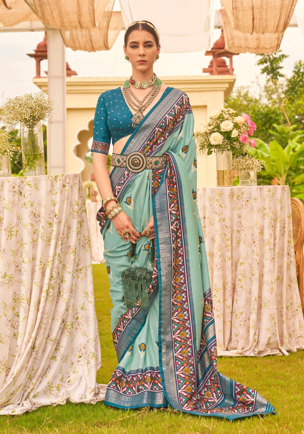 Monjolika Fashion Sea Green Colour Sigma Silk Patola Printed Saree With Blouse - Distacart