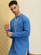 House of Pataudi Men Pure Cotton Solid Chikankari Jashn Short Kurta