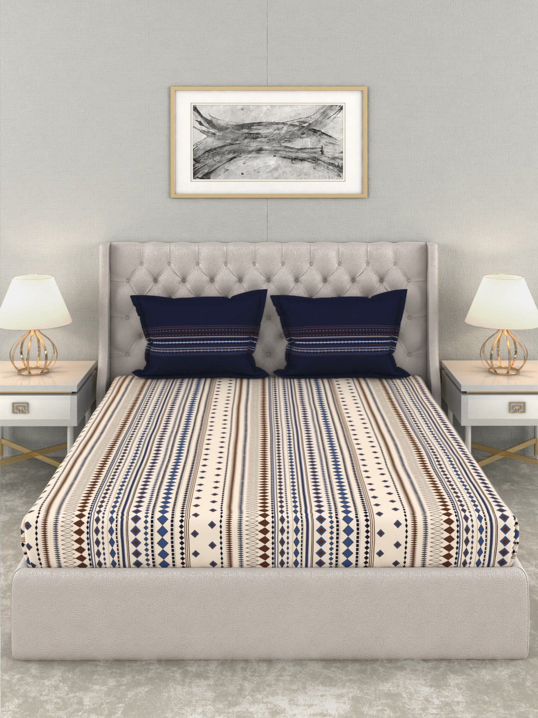 MYTRIDENT Multicoloured Blue Geometric 120 TC Cotton 1 Queen Bedsheet with 2 Pillow Covers