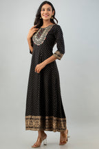 Juniper Women's Black Rayon Printed Flared Dress - Distacart