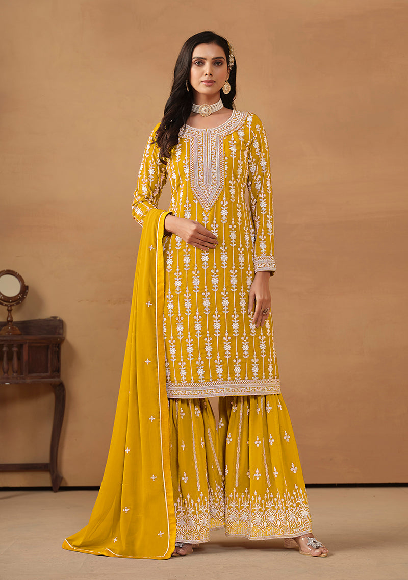 Monjolika Fashion Mustard Faux Georgette Embroidered Salwar Kameez - Distacart