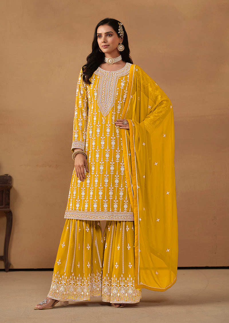 Monjolika Fashion Mustard Faux Georgette Embroidered Salwar Kameez - Distacart