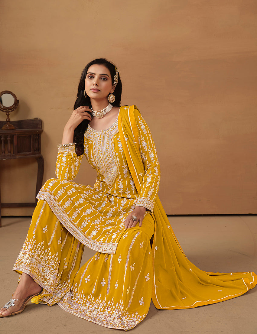 Monjolika Fashion Mustard Faux Georgette Embroidered Salwar Kameez - Distacart