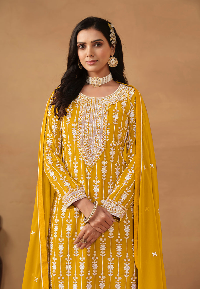 Monjolika Fashion Mustard Faux Georgette Embroidered Salwar Kameez - Distacart