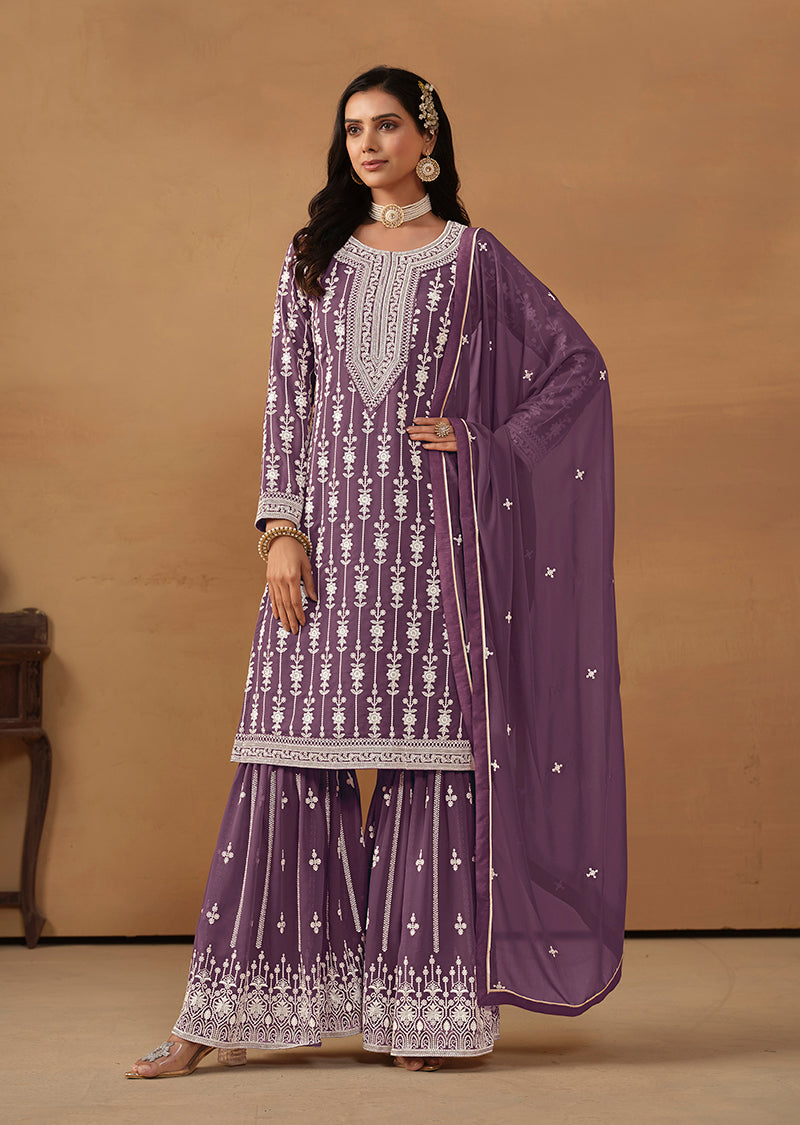 Monjolika Fashion Purple Faux Georgette Embroidered Salwar Kameez - Distacart