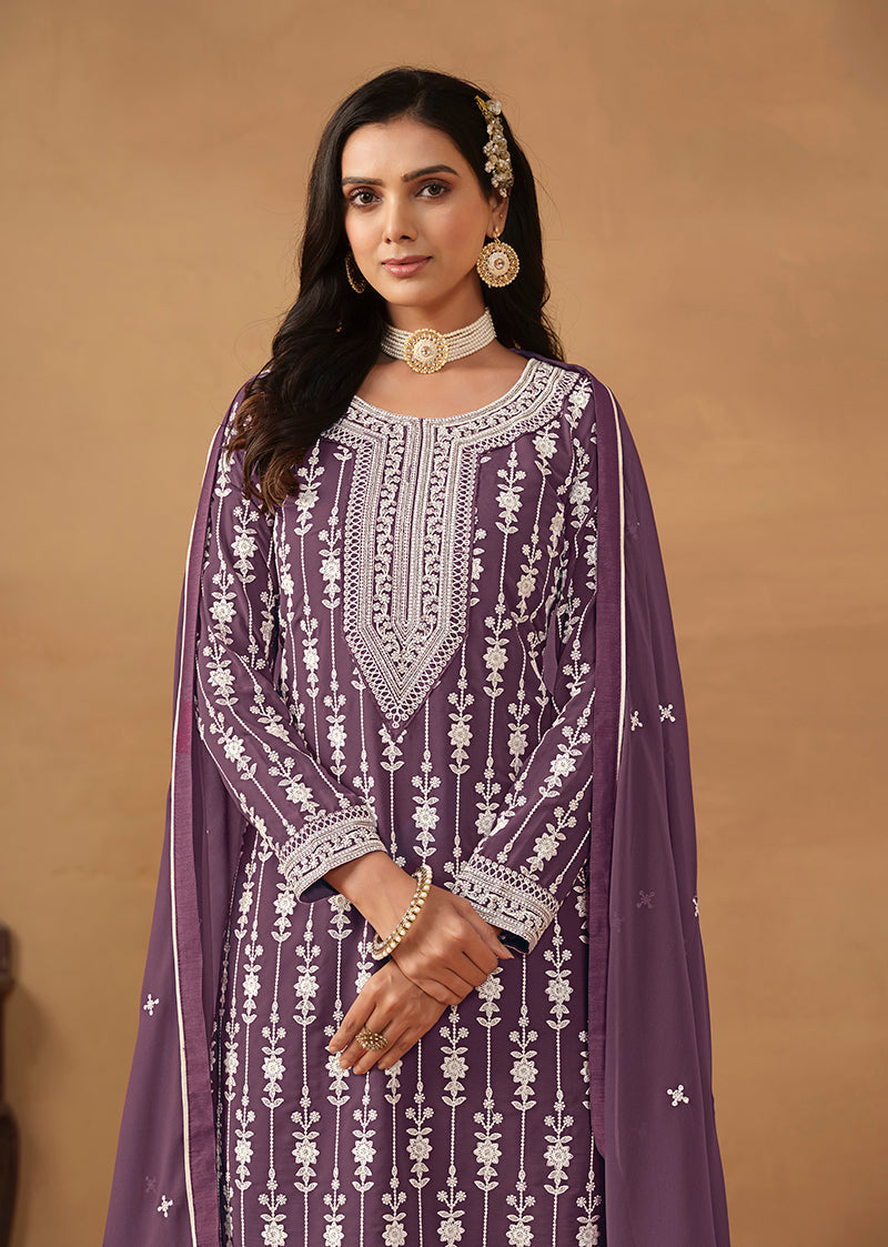 Monjolika Fashion Purple Faux Georgette Embroidered Salwar Kameez - Distacart