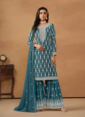 Monjolika Fashion Teal Faux Georgette Embroidered Salwar Kameez - Distacart