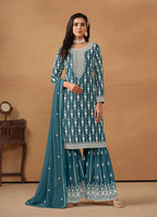 Monjolika Fashion Teal Faux Georgette Embroidered Salwar Kameez - Distacart