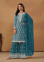 Monjolika Fashion Teal Faux Georgette Embroidered Salwar Kameez - Distacart