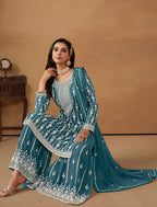 Monjolika Fashion Teal Faux Georgette Embroidered Salwar Kameez - Distacart