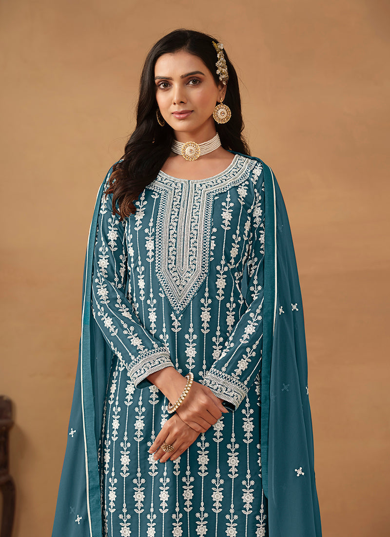 Monjolika Fashion Teal Faux Georgette Embroidered Salwar Kameez - Distacart