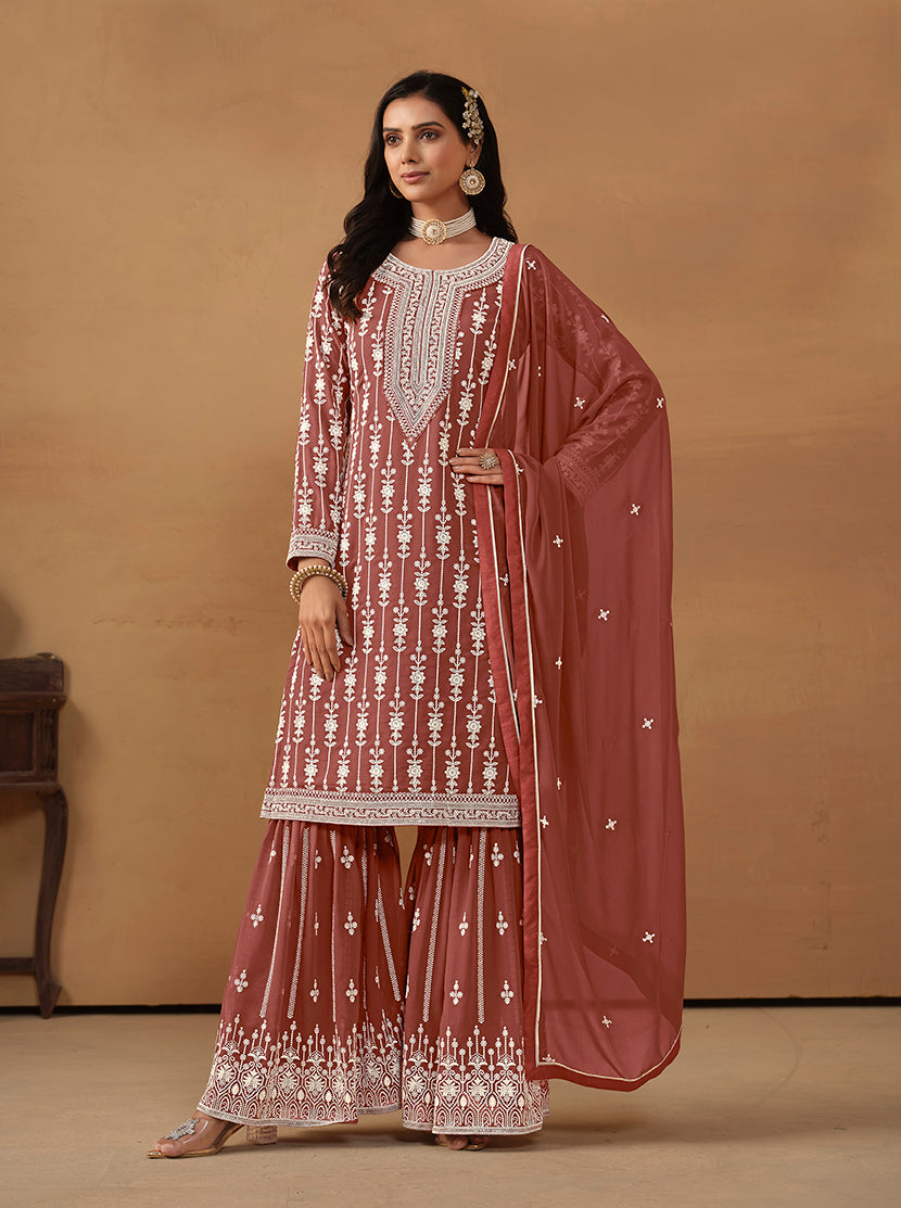 Monjolika Fashion Light Brown Faux Georgette Embroidered Salwar Kameez - Distacart