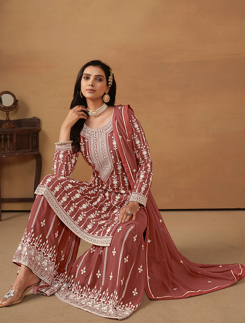 Monjolika Fashion Light Brown Faux Georgette Embroidered Salwar Kameez - Distacart